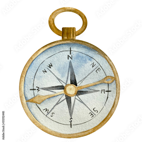 Watercolor gold and blue vintage pocket compass. Nautical elemen
