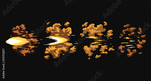 Gun flashes or gunshot animation. Collection of fire explosion effect during the shot with the gun. Cartoon flash effect of bullet starts. Shotgun fire, muzzle flash and explode