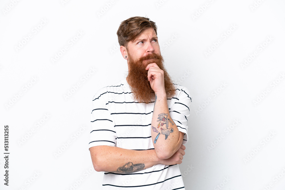 Redhead man with beard isolated on white background having doubts and thinking Redhead man with beard isolated on white background having doubts and thinking