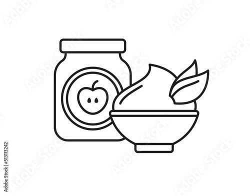 Apple puree in baby food jar and bowl with yogurt, jam, ice cream, dessert. Kids nutrition icon. Vector outline illustration isolated on white background