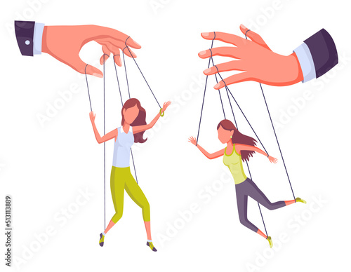 Puppeteer hands controlling puppets, manipulator concept. Worker being controlled by puppet master. Manipulates peopl like a puppets. Employer domination exploitation or authority manipulator