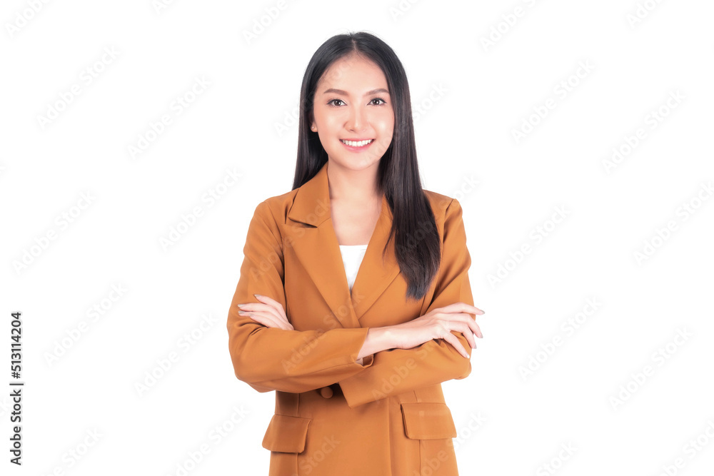 Portrait beautiful working Asian woman , business girl standing arms crossed with happiness isolated on white background , copy space Portrait beautiful working Asian woman , business girl standing arms crossed with happiness isolated on white background , copy space