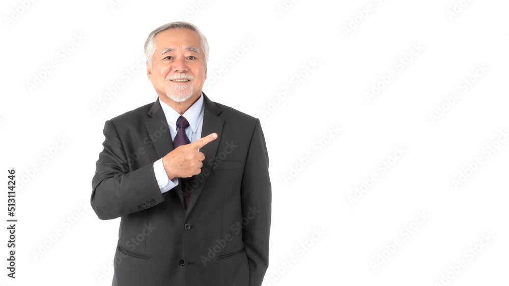 Asian senior businessman , old man with suit feel happy good health pointing finger to empty copy space for present product or blank space for advertising isolated on white background Asian senior businessman , old man with suit feel happy good health pointing finger to empty copy space for present product or blank space for advertising isolated on white background