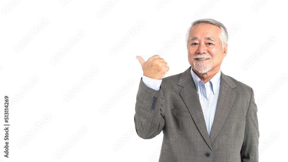 Asian senior businessman , old man with suit feel happy good health pointing finger to empty copy space for present product or blank space for advertising isolated on white background Asian senior businessman , old man with suit feel happy good health pointing finger to empty copy space for present product or blank space for advertising isolated on white background