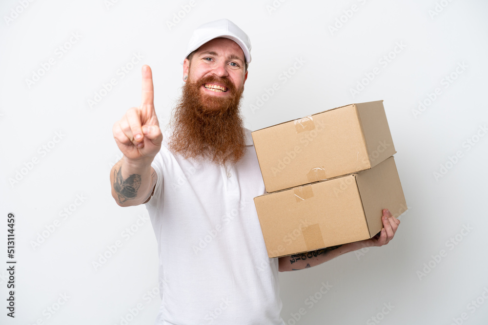 Delivery reddish man isolated on white background showing and lifting a finger Delivery reddish man isolated on white background showing and lifting a finger