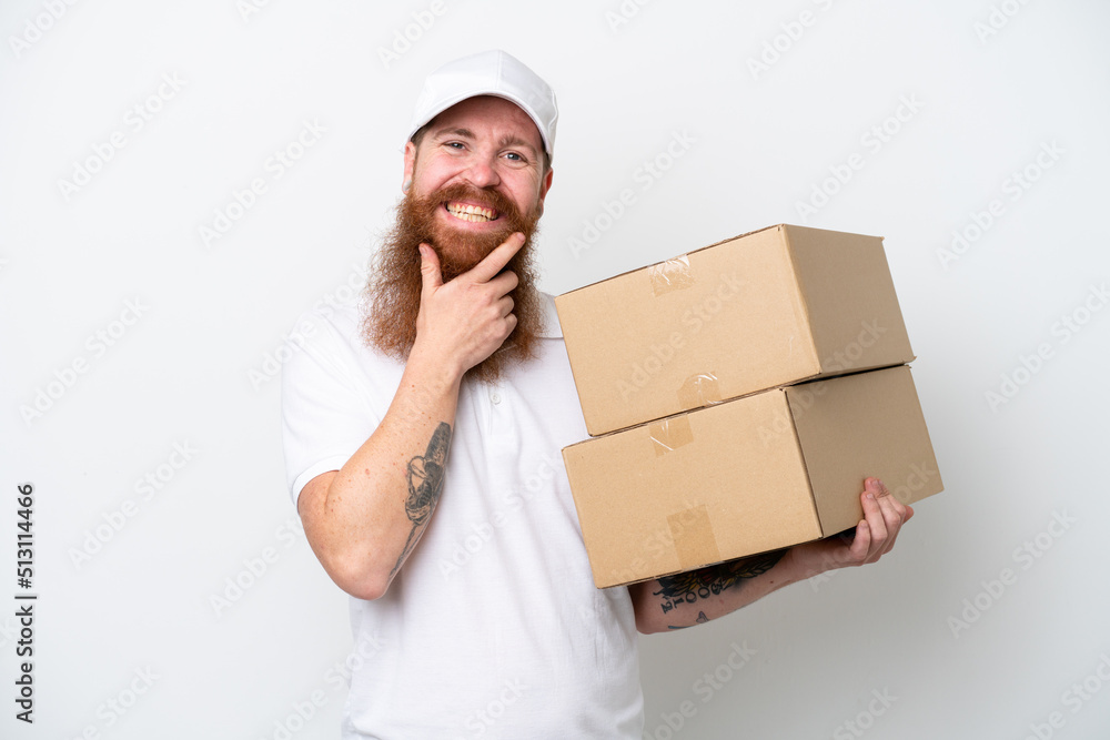 Delivery reddish man isolated on white background happy and smiling Delivery reddish man isolated on white background happy and smiling