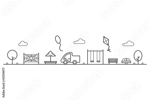 Children playground with swings, sandbox and bench in park. Entertainment in kids area. Outline city landscape. Vector