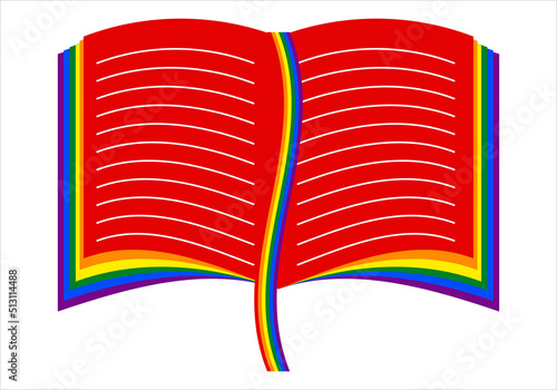 Libro abierto con el marcapáginas y las hojas de los colores de la bandera LGTBI sobre fondo blanco
