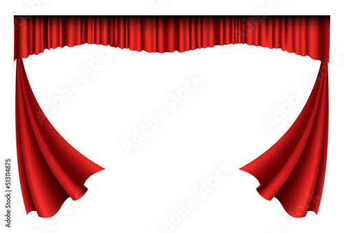 Red curtains realistic. Theater fabric silk decoration for movie cinema or opera hall. Luxury curtains and draperies interior decoration object. Isolated on white for theater stage