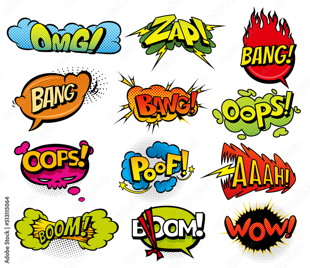 Comic book sound set. Colored hand drawn speech bubbles. Wow, Omg, Boom, Bang sound chat text effects in pop art style