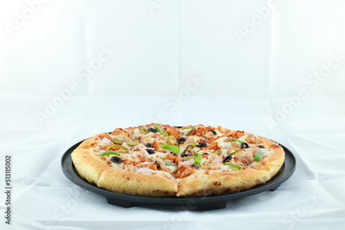 chicken pizza on white background.