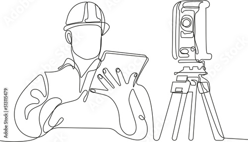 Close up of young Caucasian worker with helmet on head using tablet for work while standing in warehouse. Surveyor with a tripod icon. Geodesic tripod. Vector illustration