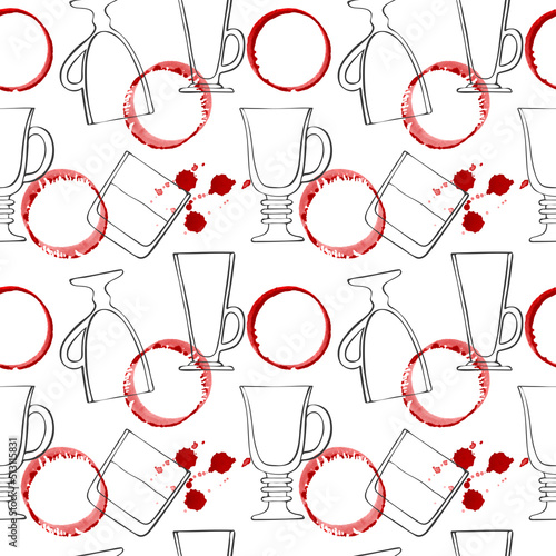 Pattern wine spot and doodling glasses for drinks and whiskey, red watercolor stains, hand drawing. 