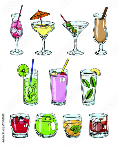 Set of vector cocktails on the white background