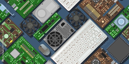 Spare part for personal computer. PC or laptop accessories. Seamless pattern. Power supply hard drive. Motherboard and video card. Board RAM memory. Keyboard and mouse. Vector