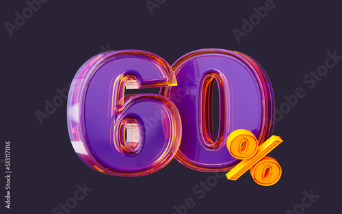 purple glass effect realistic 60 percent number symbol 3d render big sale online shopping banner