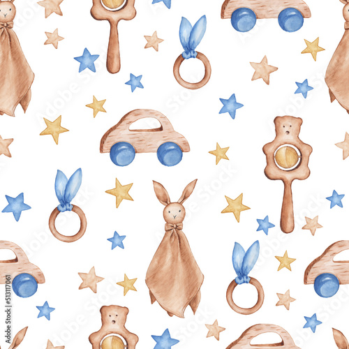 Cute baby seamless pattern with toys for boy with stars