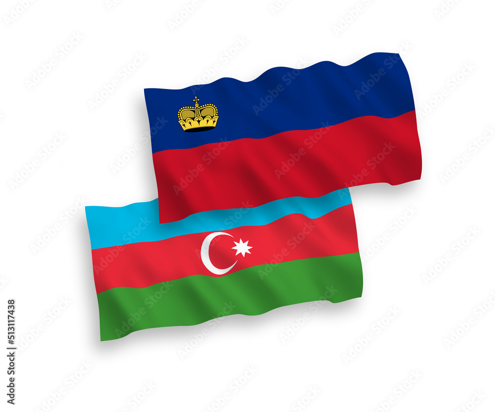 Fototapeta premium National vector fabric wave flags of Liechtenstein and Azerbaijan isolated on white background. 1 to 2 proportion.