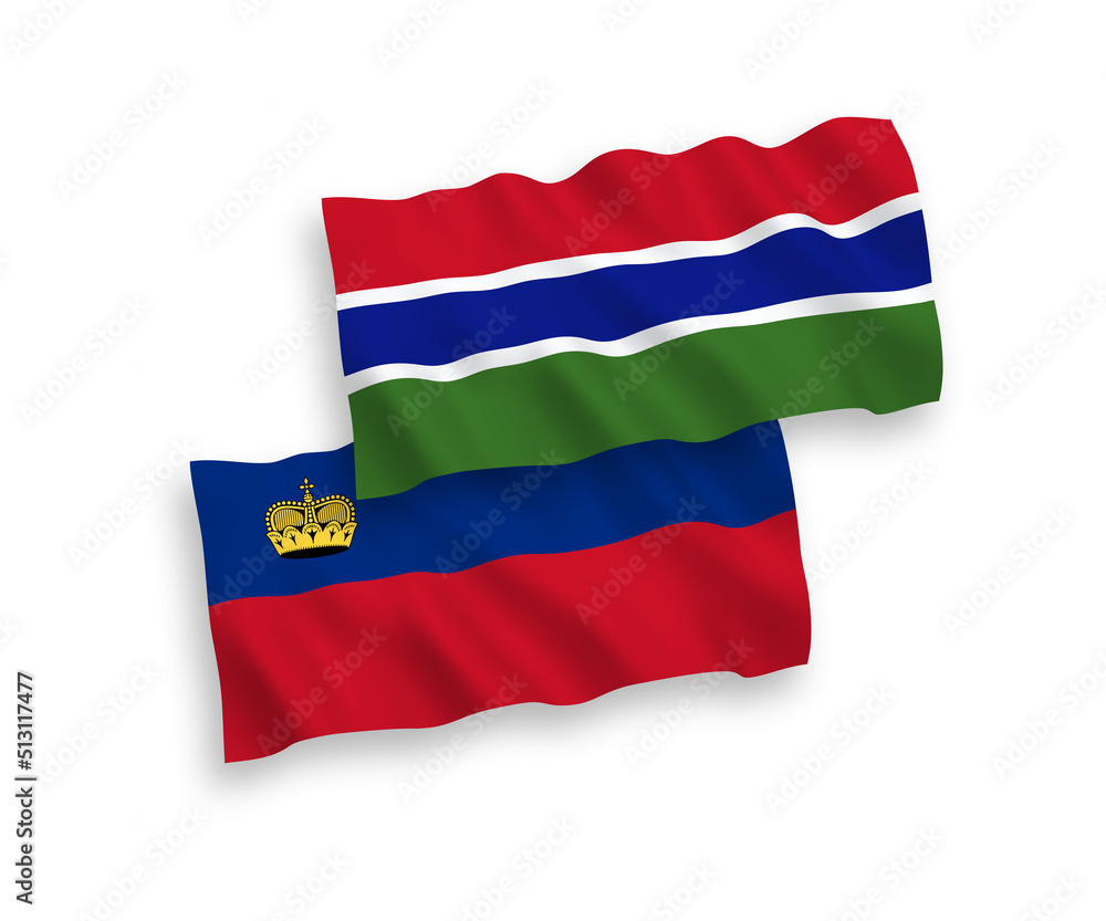 Naklejka premium National vector fabric wave flags of Liechtenstein and Republic of Gambia isolated on white background. 1 to 2 proportion.
