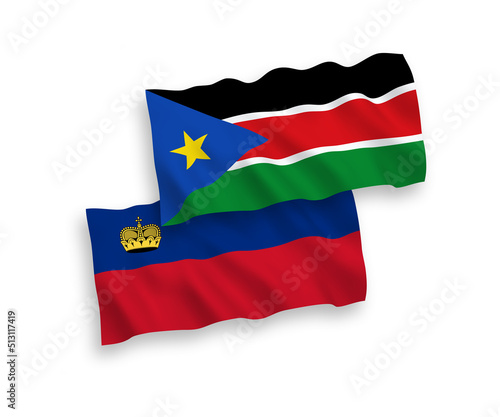 National vector fabric wave flags of Liechtenstein and Republic of South Sudan isolated on white background. 1 to 2 proportion.