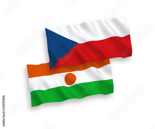 National vector fabric wave flags of Czech Republic and Republic of the Niger isolated on white background. 1 to 2 proportion.