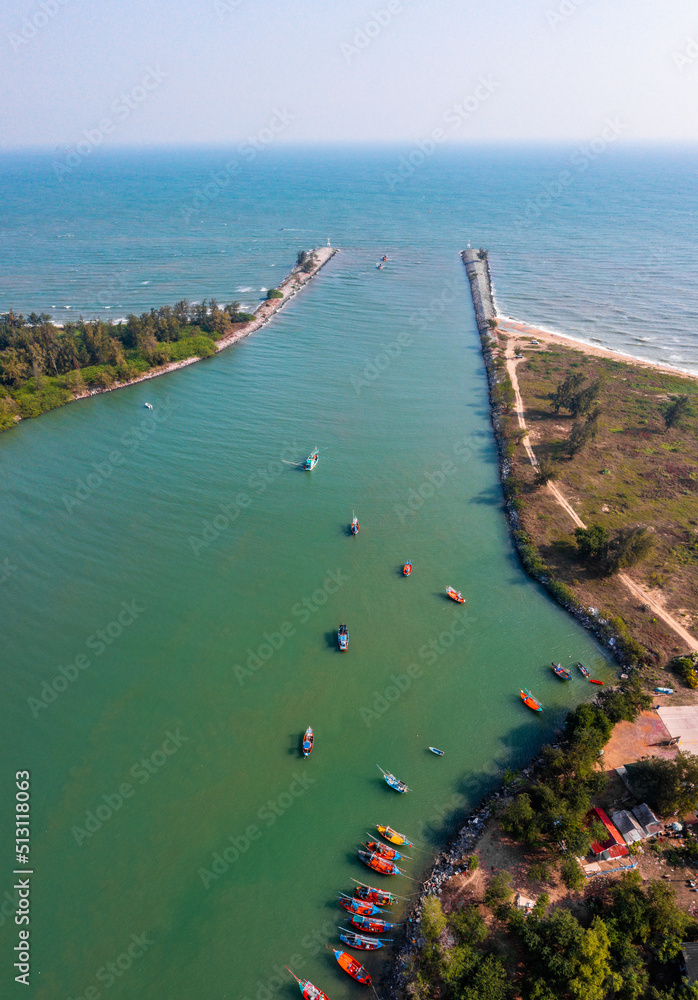 Aerial view of Pak Nam Pranburi Estuary in Prachuap Khiri Khan, Thailand