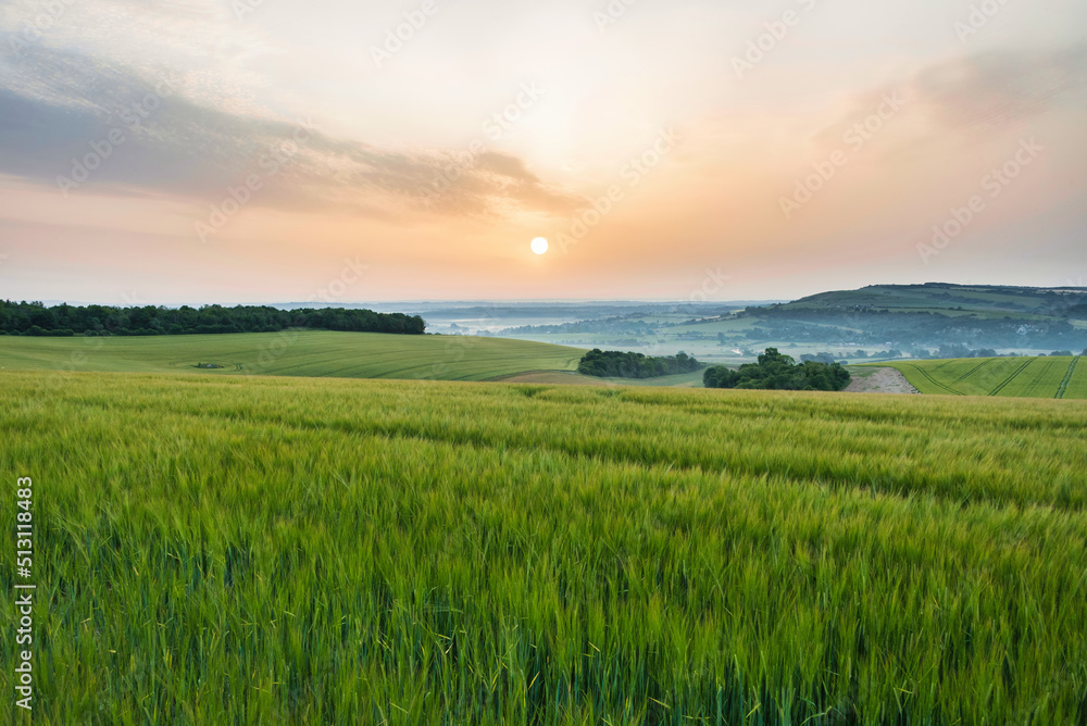 Beautiful English Summer sunrise landscape image looking over rolling hills with mist in distance and hazy sun low in the sky
