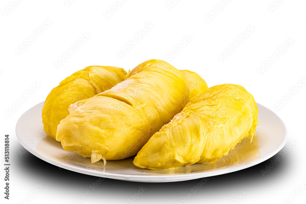 Closeup view of fresh durian palps in white ceramic plate isolated on white background with clipping path.