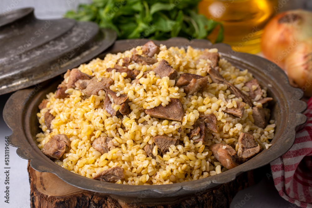 From traditional delicious Turkish cuisine; Bulgur pilaf with meat (Turkish name; etli bulgur pilavi) From traditional delicious Turkish cuisine; Bulgur pilaf with meat (Turkish name; etli bulgur pilavi)