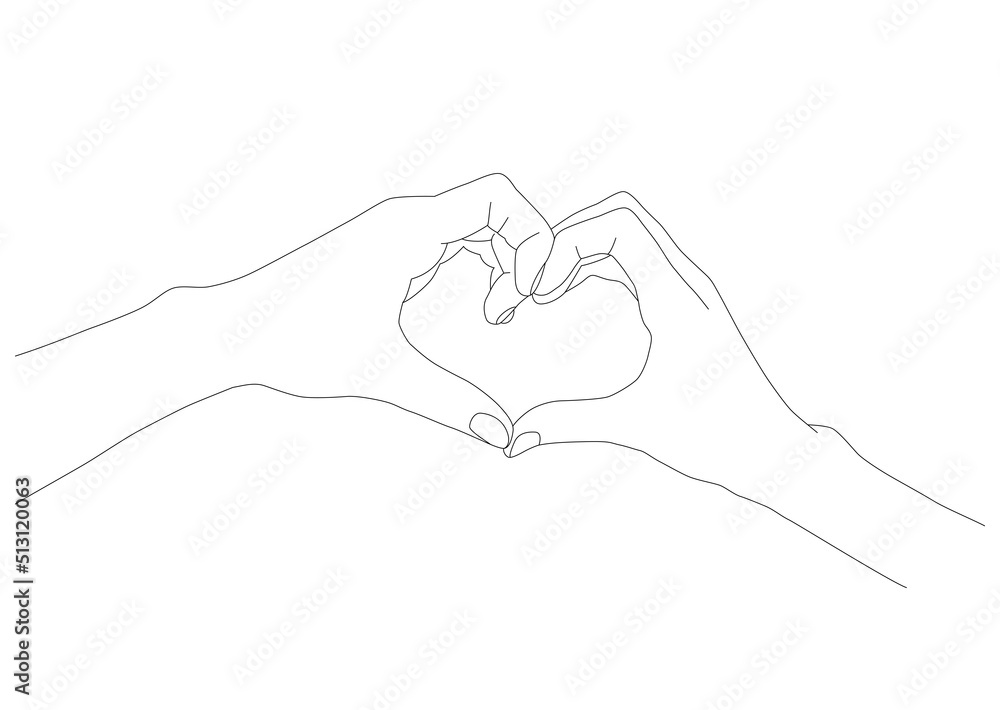 Holding hands. Palms in one line. Hand in hand. A thin drawing line. Holding hands. Palms in one line. Hand in hand. A thin drawing line.
