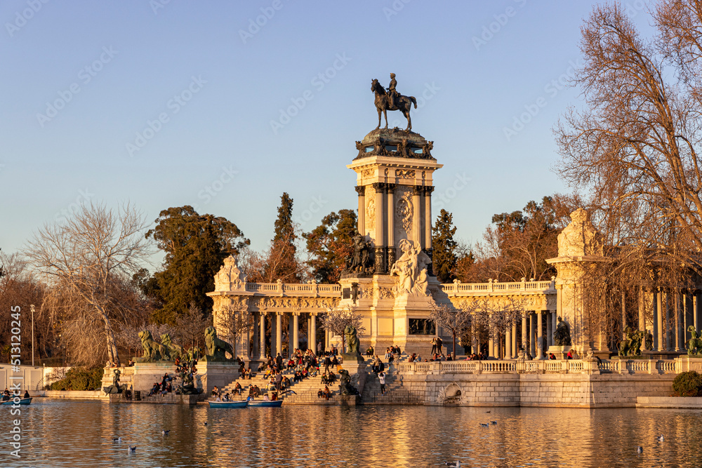 Madrid, Spain. Monument to Alfonso XII in Buen Retiro Park (El Retiro), situated on the east edge of an artificial lake near the center of the park