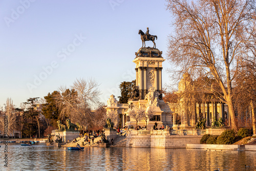 Madrid, Spain. Monument to Alfonso XII in Buen Retiro Park (El Retiro), situated on the east edge of an artificial lake near the center of the park