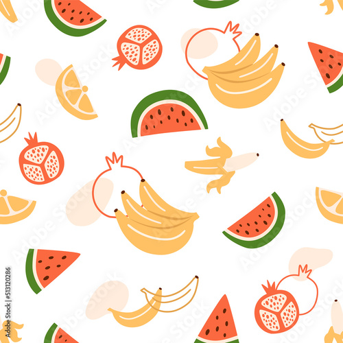 Summer fruits pattern. Pomegranate seamless pattern, banana pattern, watermelon pattern. Cute exotic fruit seamless seamless background. Hand drawn vector illustration. Colorful summer design.
