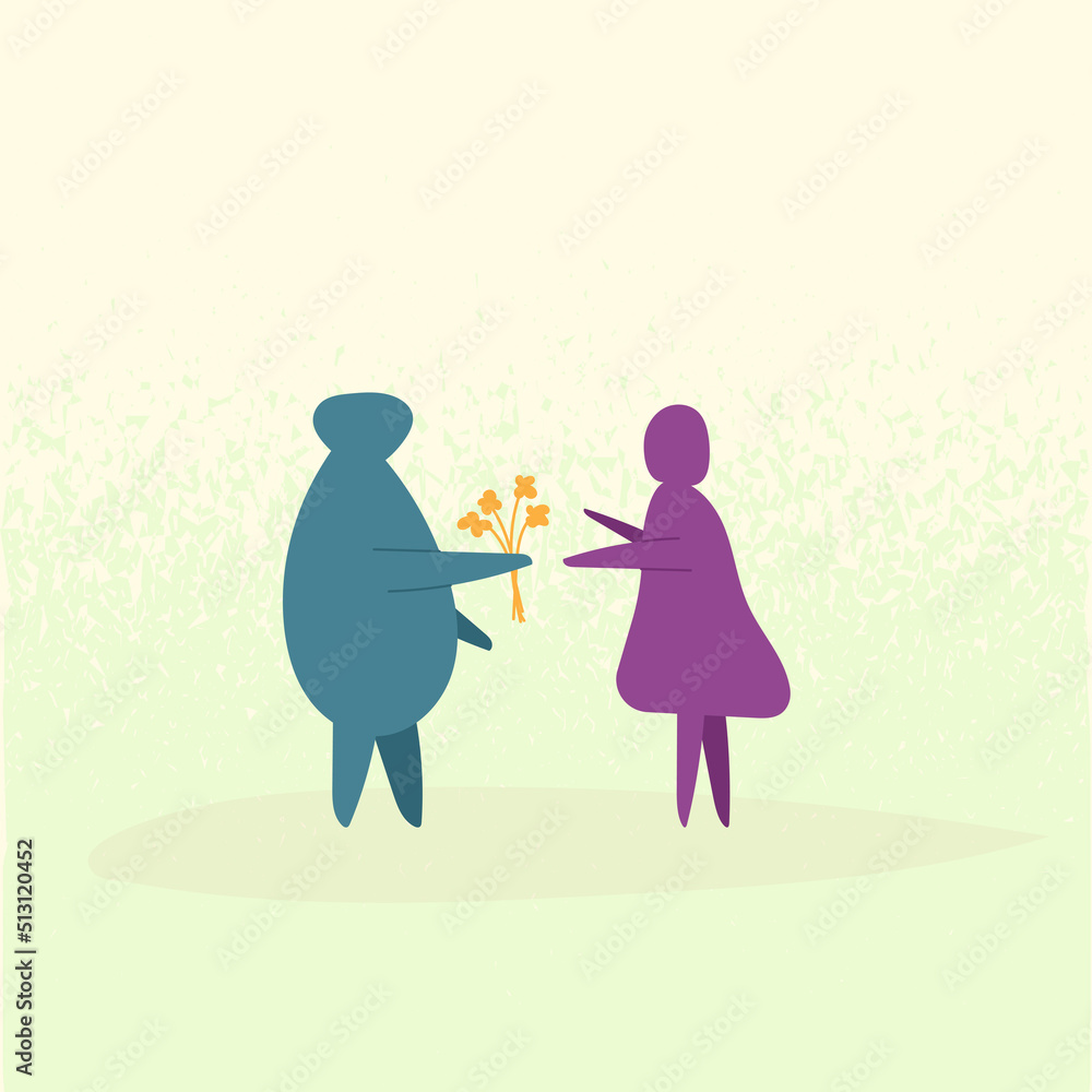 Obraz premium One person giving flowers to other person. Man and women on a date with flowers. Abstract human drawings. Trendy conceptual vector illustration. Surprise and romance couple. Love and dating day.