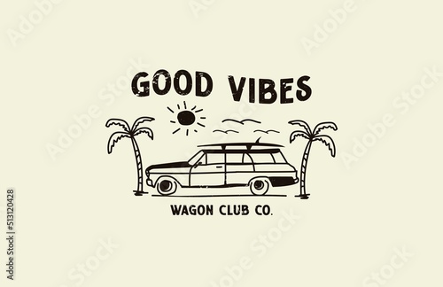Wagon Car Beach Stamp Distress Vintage Graphic