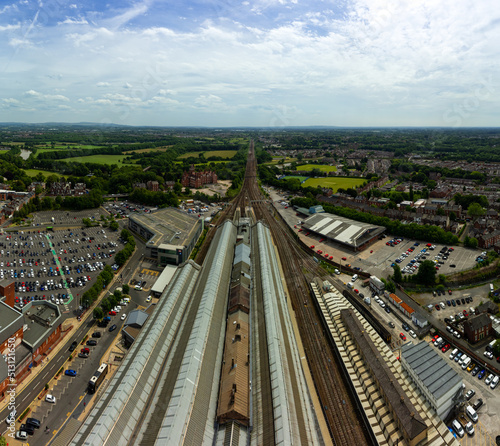 Aerial view over the main train station in Preston Lancashire England