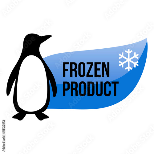 Frozen product logo with penguin. Food package label, storage instruction vector design