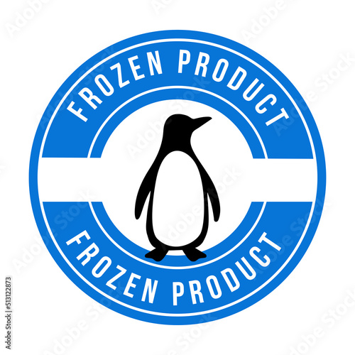 Frozen product logo with penguin. Food package label, storage instruction vector design photo