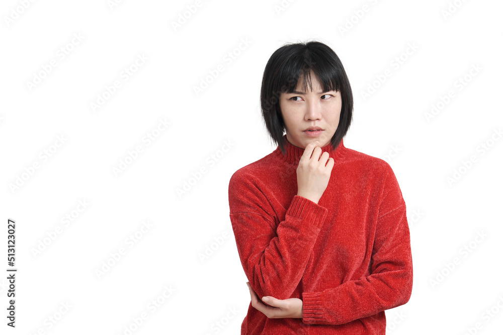Young asian woman touching her chin with pensive expression, thoughtful face, wearing winter red sweater isolated on white background. Young asian woman touching her chin with pensive expression, thoughtful face, wearing winter red sweater isolated on white background.