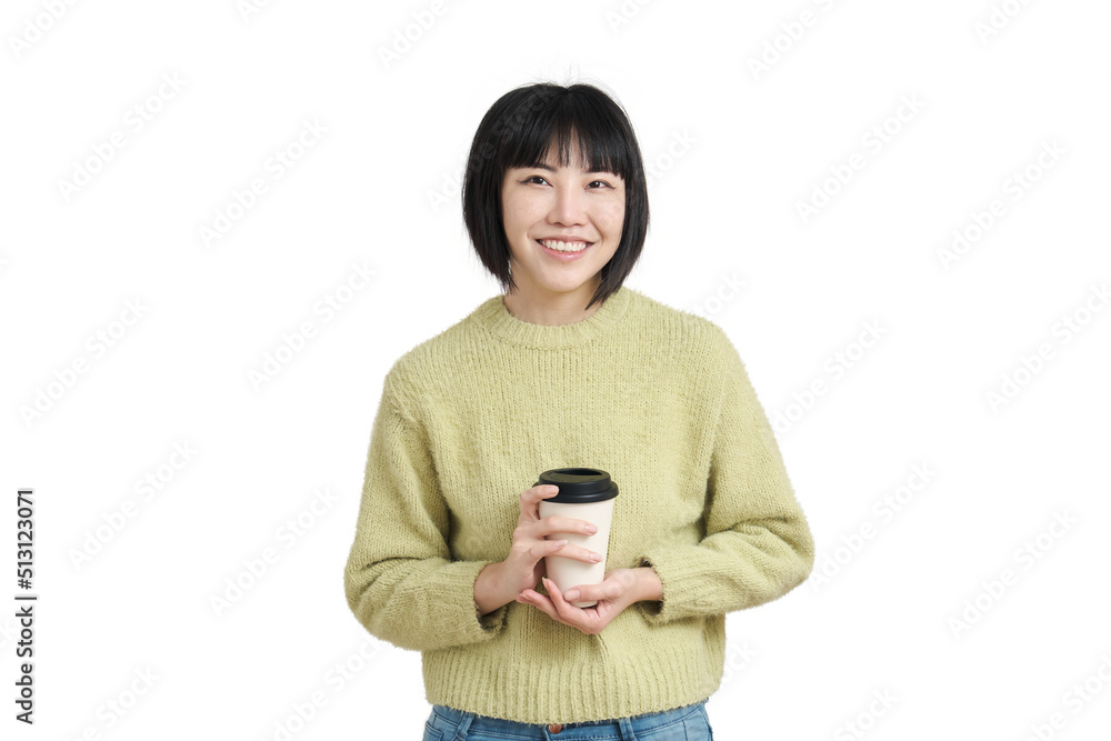 Young asian woman smiling with a coffee cup and looking at camera, wearing winter green sweater, isolated on white background. Young asian woman smiling with a coffee cup and looking at camera, wearing winter green sweater, isolated on white background.