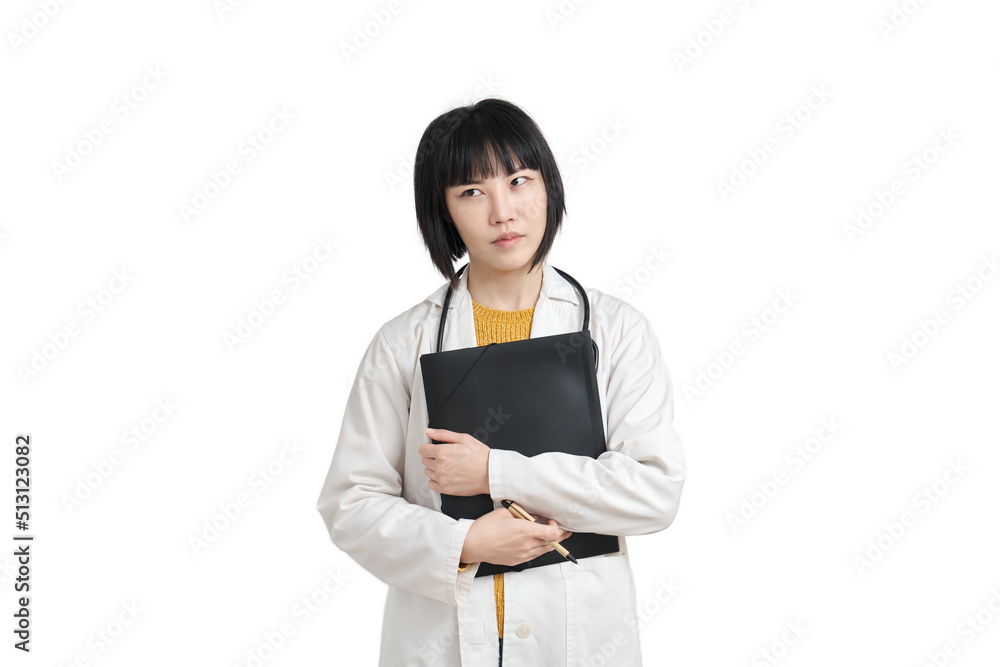 Young asian female doctor thinking with pen and folder, isolated on white background. Young asian female doctor thinking with pen and folder, isolated on white background.