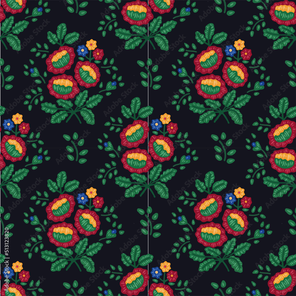 Seamless pattern with stylized ukrainian folk floral elements on dark background. Ethnic ornament based on national embroidery tradition. Can be used for decoration, surface and clothes design