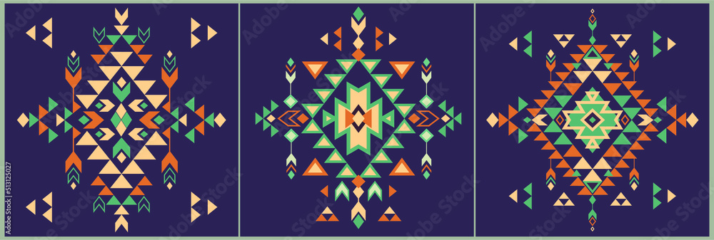 Vector dark ethnic set. Tribal folk aztec geometric pattern element. Colorful art print design. Poster. - obrazy, fototapety, plakaty 