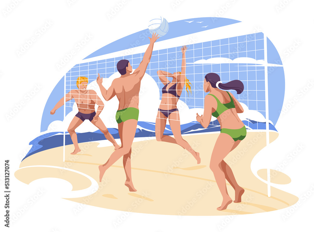 Beach volleyball scene by the sea. Men and women characters flat vector illustration
