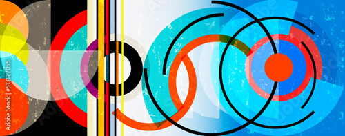 abstract background pattern, with circles, stripes, paint strokes and splashes, art in the bauhaus tradition