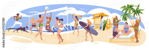 Seashore resting people: play volleyball, sunbathe, surfing and swimming, friendly conversation, running with a dog. Flat vector illustration