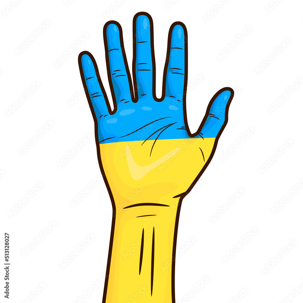 Obraz premium A man's hand is raised up, painted in the colors of the flag of Ukraine. Billboard calling for peace in Ukraine