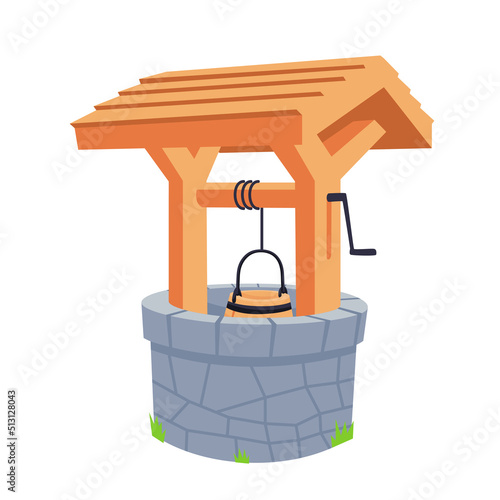 Rustic well with wooden roof and stone wall. Isolated on white background. Cartoon style. Water well in summer