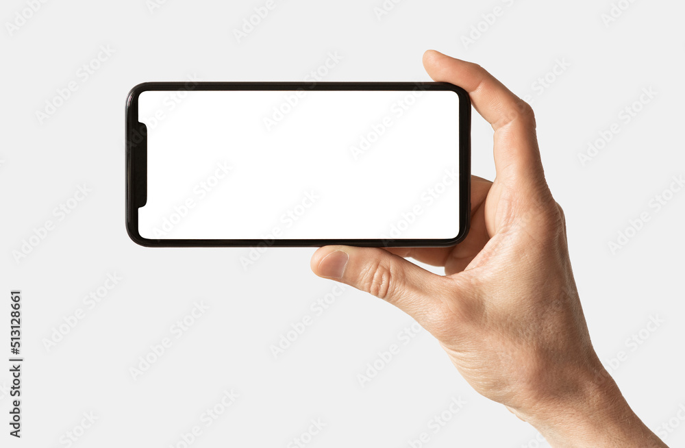 Phone mockup in hand - clipping path, black smartphone with blank mock up screen for web site design isolated on white background, app for mobile phone and advertisement Phone mockup in hand - clipping path, black smartphone with blank mock up screen for web site design isolated on white background, app for mobile phone and advertisement