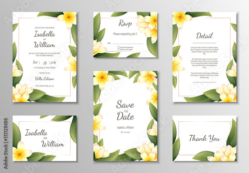Set of wedding templates, banners, invitations for the holiday.Beautiful postcard decor with yellow frangipani.